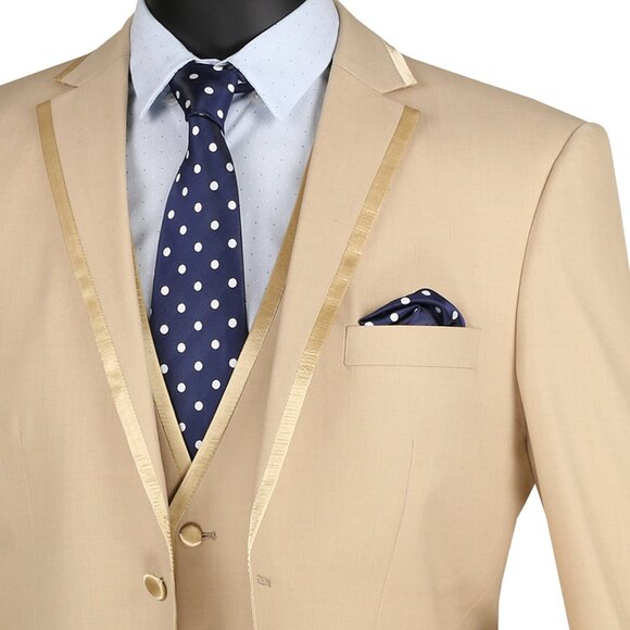 Men's Slim-Fit 3-pc. Trimmed Lapel Textured Solid Suit-Beige - Picture 2 of 3